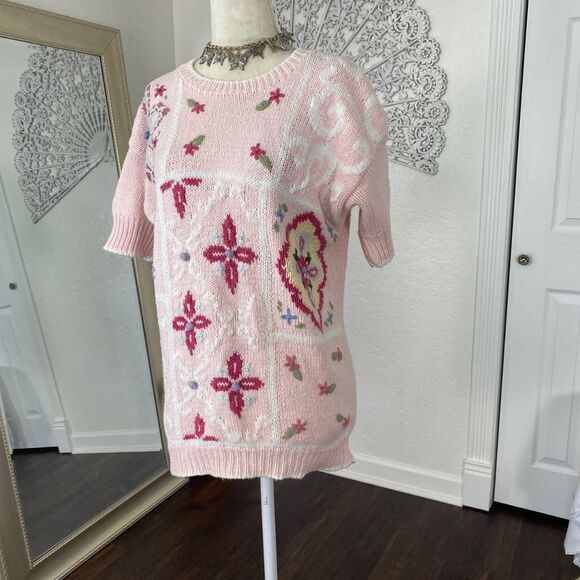 Vintage Light Blush Pink Boho Coquette Knitted Knit Shortsleeve Sweater Top M - Picture 2 of 7